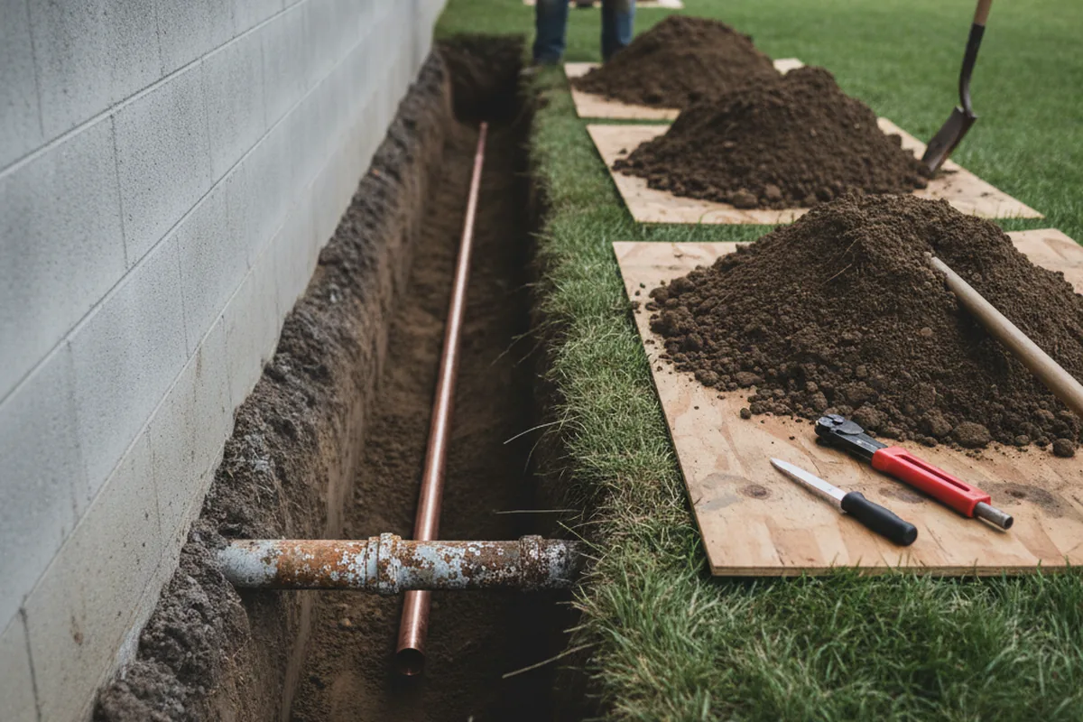 Excavated water line trench during Sewer Line Repair in Index
